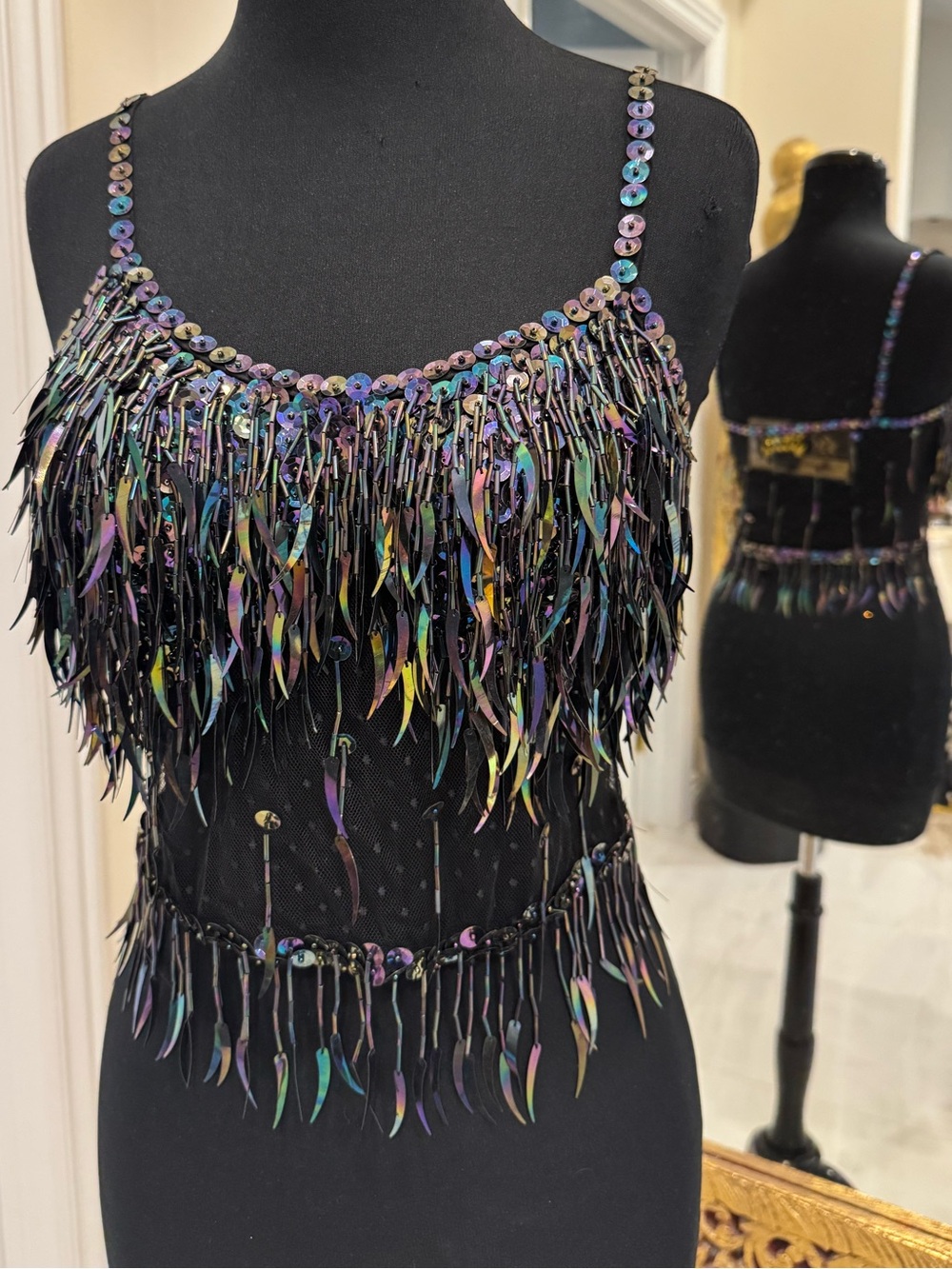 Iridiscent Sequin Fringe hand beaded Top - Black stretch sheer midriff/back
